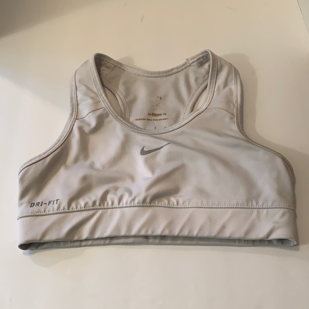 NIKE PRO COMBAT COMPRESSION PEARL GRAY SPORTS BRA SZ M DRI FIT (shows some wear)
